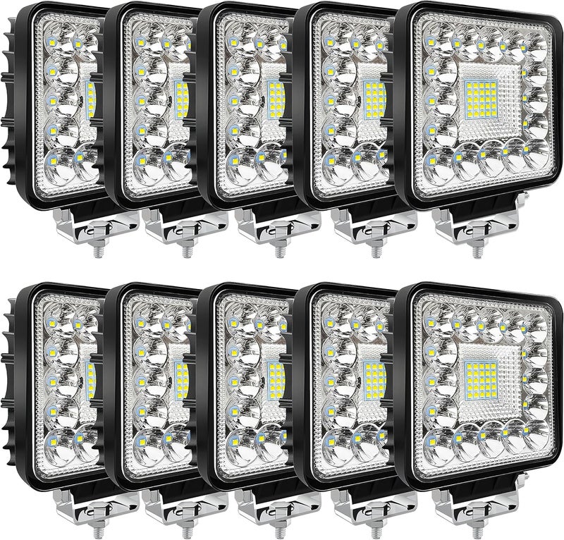 SAN YOUNG أضواء عمل LED للجرارات، 4 بوصة 120 واط 10000 لومن أضواء LED مكعب 12 فولت 24 فولت للطرق الوعرة، مربعة لشاحنات السحب، ATV، UTV، RV، RZR، قوارب، شاحنات بيك أب، عربات جولف، آلات إزالة الثلج، جزازات العشب، 10 عبوات - Image 1